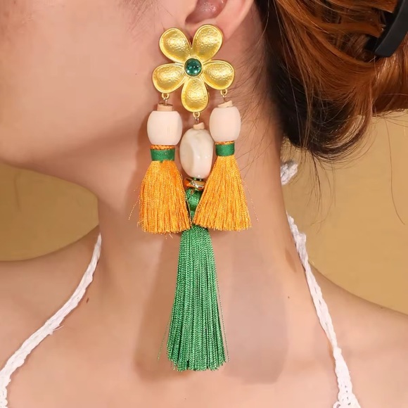 Large Orange and Green Floral Statement Tassel Earrings Long Chunky Big Summer - Picture 2 of 6
